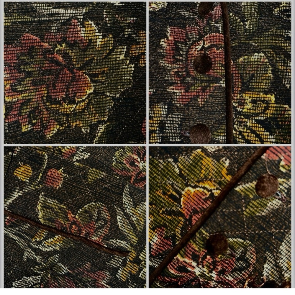 🇨🇦 Vintage quilted vest:Floral on Brown w/green, yellow, orange /Velvet Trim - Picture 15 of 16